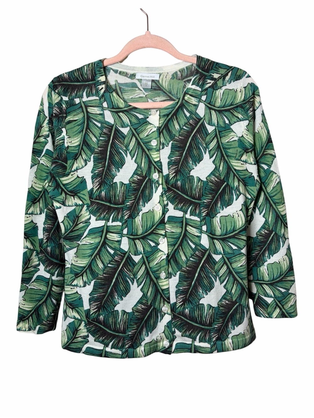 Garnet Hill Signature Eco Merino Wool Tropical Print Cardigan Size Medium